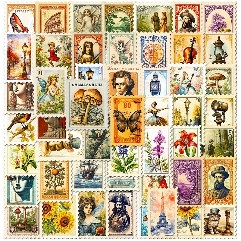 10/30/50PCS Vintage Stamp Style PVC Sticker Aesthetic Colorful Decoration Scrapbooking Stationery School Supplies for Kids