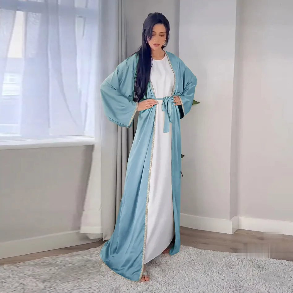 Luxury Crystal Kaftan 2 Piece Sets Muslim Abaya Women Satin Long Dress Islam Clothing Ramadan Eid Dubai Robe Morocco Jalabiya