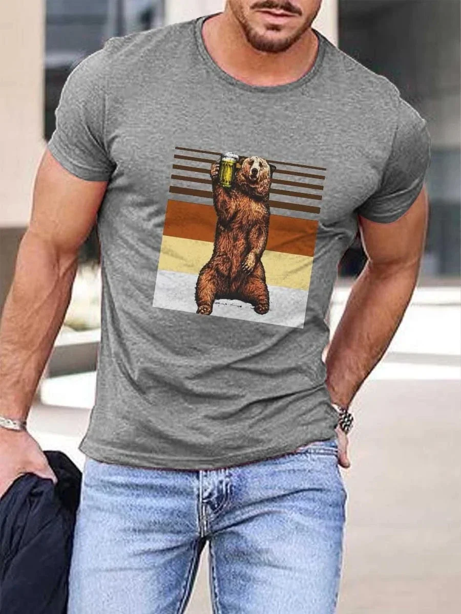 2023 Summer Men's Printed Casual Crew Neck Short Sleeve T-Shirt Beer Bear T-Shirt 3D Printed T Shirt