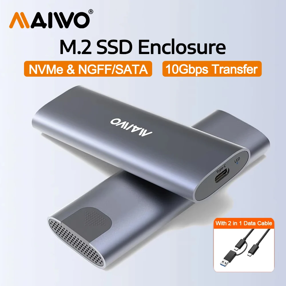 MAIWO M.2 NVMe SATA SSD Enclosure USB 3.1 GEN2 10Gbps USB C to SATA NVMe SSD Adapter Reader Case Support UASP 8TB Aluminum Shell