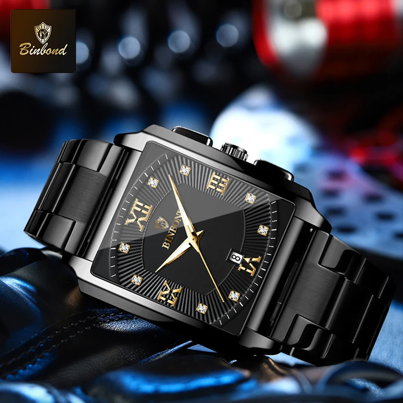 BINBOND Top Luxury Square Fashion Men Watches Square Quartz Stainless Steel Waterproof Sport Automatic Date Business Men Watches