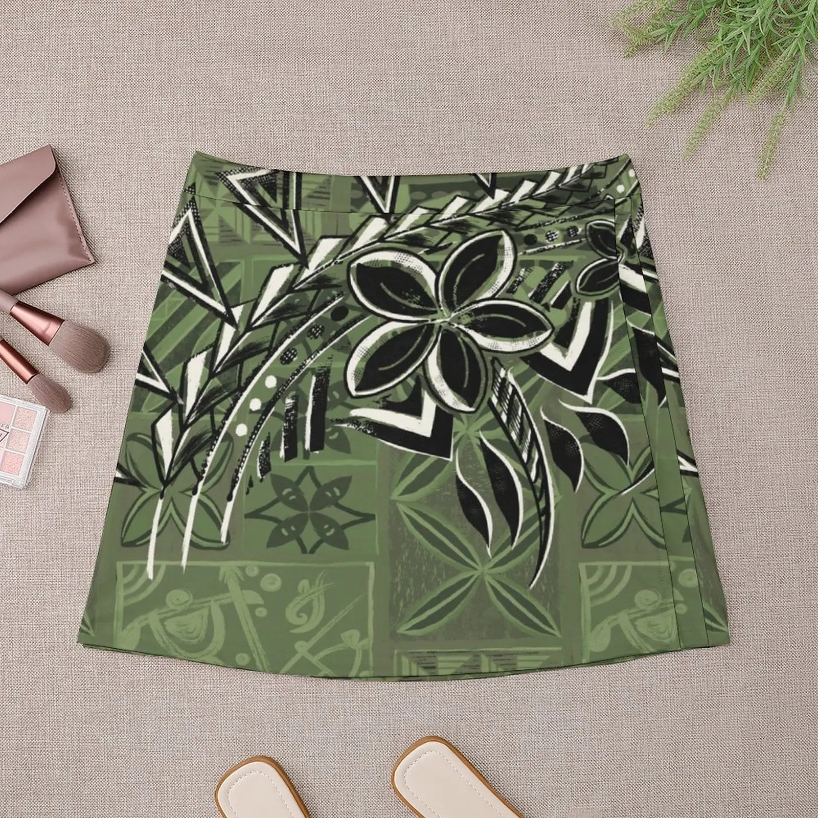 Vintage Olive Hawaiian Tribal Petrogyph Pattern Mini Skirt Woman skirt night club outfit Miniskirt