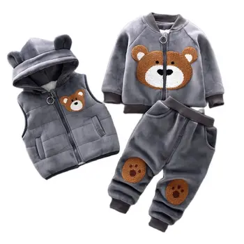Outono inverno bebê meninos conjuntos de roupas de lã grossa dos desenhos animados urso jaqueta colete calças 3 pçs algodão esporte terno para meninas roupas quentes