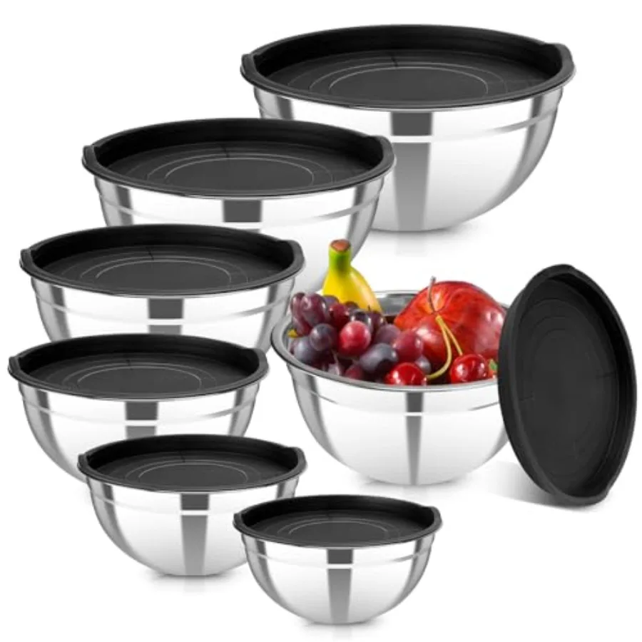 

7 Piece Stainless Steel Mixing Bowls with Lids Set Featuring Nesting Design for Efficient Kitchen Organization Ideal for Cookin
