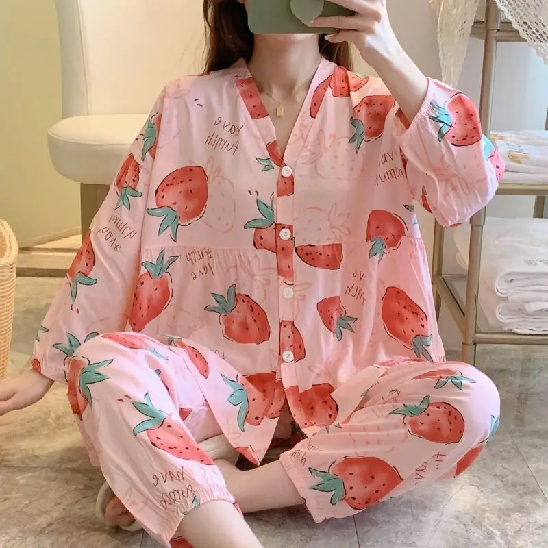 Pajama Sets Women Print Sweet Prairie Chic Spring Home Thin Breathable V-neck Casual Loose Tender Fashion  Nightwear Simple