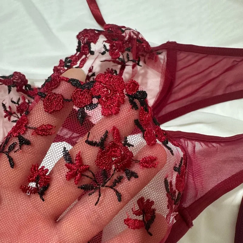 Tornova Mesh Stickerei Blume Durchsichtige Sexy Interessante Unterwäsche Panty Plunge Exposed Nabel Schlank Sexy Spitze Unterwäsche Set
