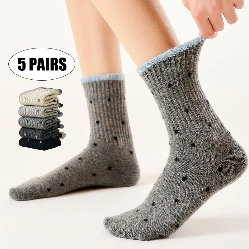 5Pairs of Women's Mid-Calf Socks with Polka Dots Long Vintage Dopamine Style Casual Sock High Quality Soft Breathable Sox Female