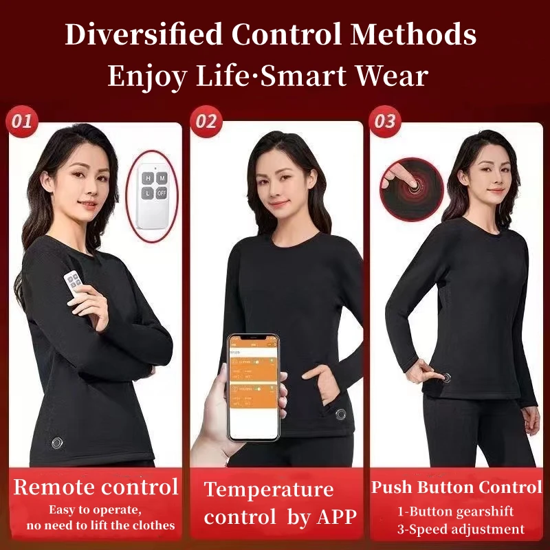 Winter Heating Underwear Suit USB Battery Powered Electric Heated Fleece Lined Ski Thermal Tops Pants Smart Control Temperature