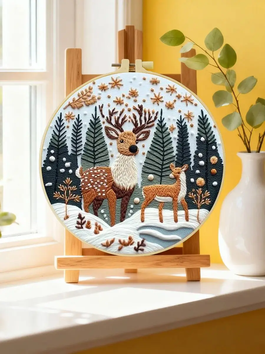 1 Stück 20X20CM/15X15CM 7,87/6,3 Zoll Elch-Stickerei-Starter-Kit DIY-Kit DIY-Stickerei-Set Handarbeiten Malerei Nadelkunst – Detail 6