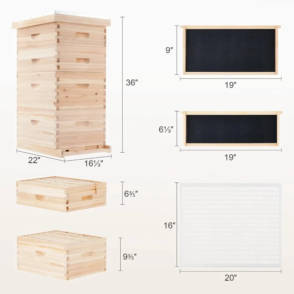 CREWORKS Bee Hive Boxes Starter Kit, Langstroth Beehive for Bee Keeping, 4 Layer Bee House with 20 Medium and 20 Deep Frames & F