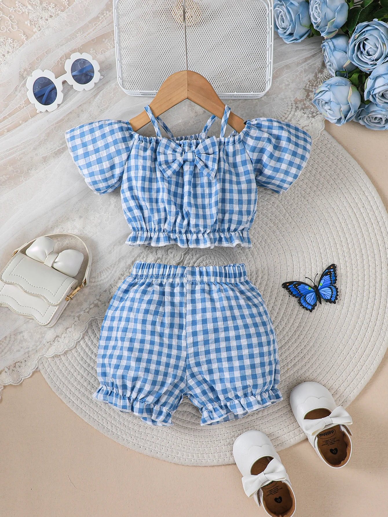 

Baby girl set, blue and white checkered camisole off shoulder top with bow and shorts, casual and cute two-piece set