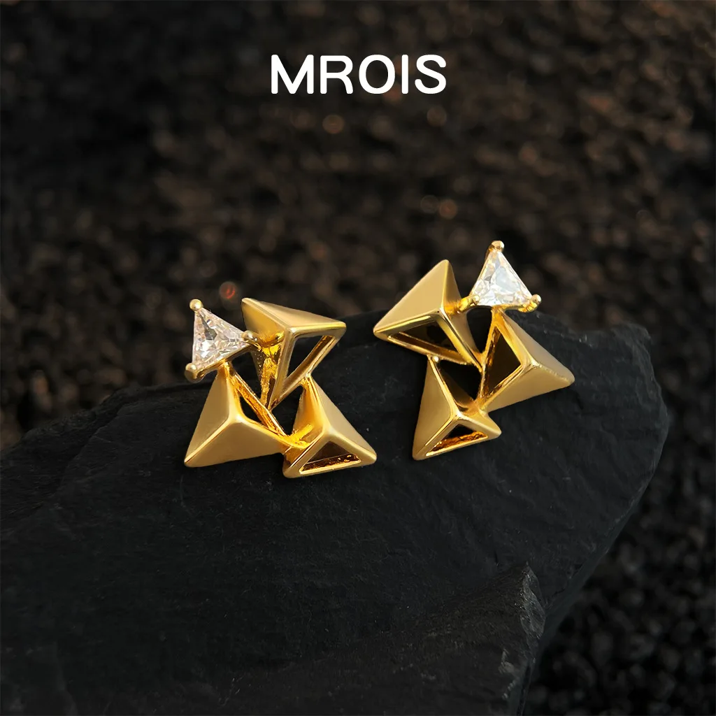Original 18k real gold plated geometric hollow three-dimensional triangular zircon stud earrings fashionable light luxury high-e