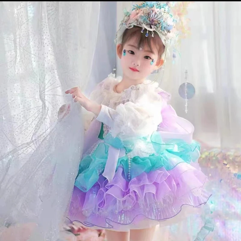 Summer Backless Lolita Ball Gown Dress Girls Kids Sets Princess Shiny Skirts Birthday Party Childrens Gauze Clothing Sundress