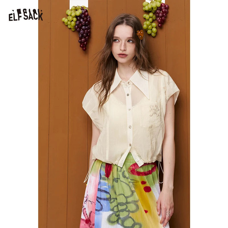ELFSACK Women's Cropped Sheer Blouse with Embroidery, Cap Sleeve Drawstring Waist Shirt, Bohemian Casual Top for Summer