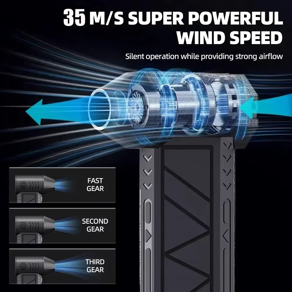 Mini soprador de ar sem escova 130000 Espanador elétrico de ar comprimido RPM, soprador violento turbo de 3 engrenagens recarregável com luz