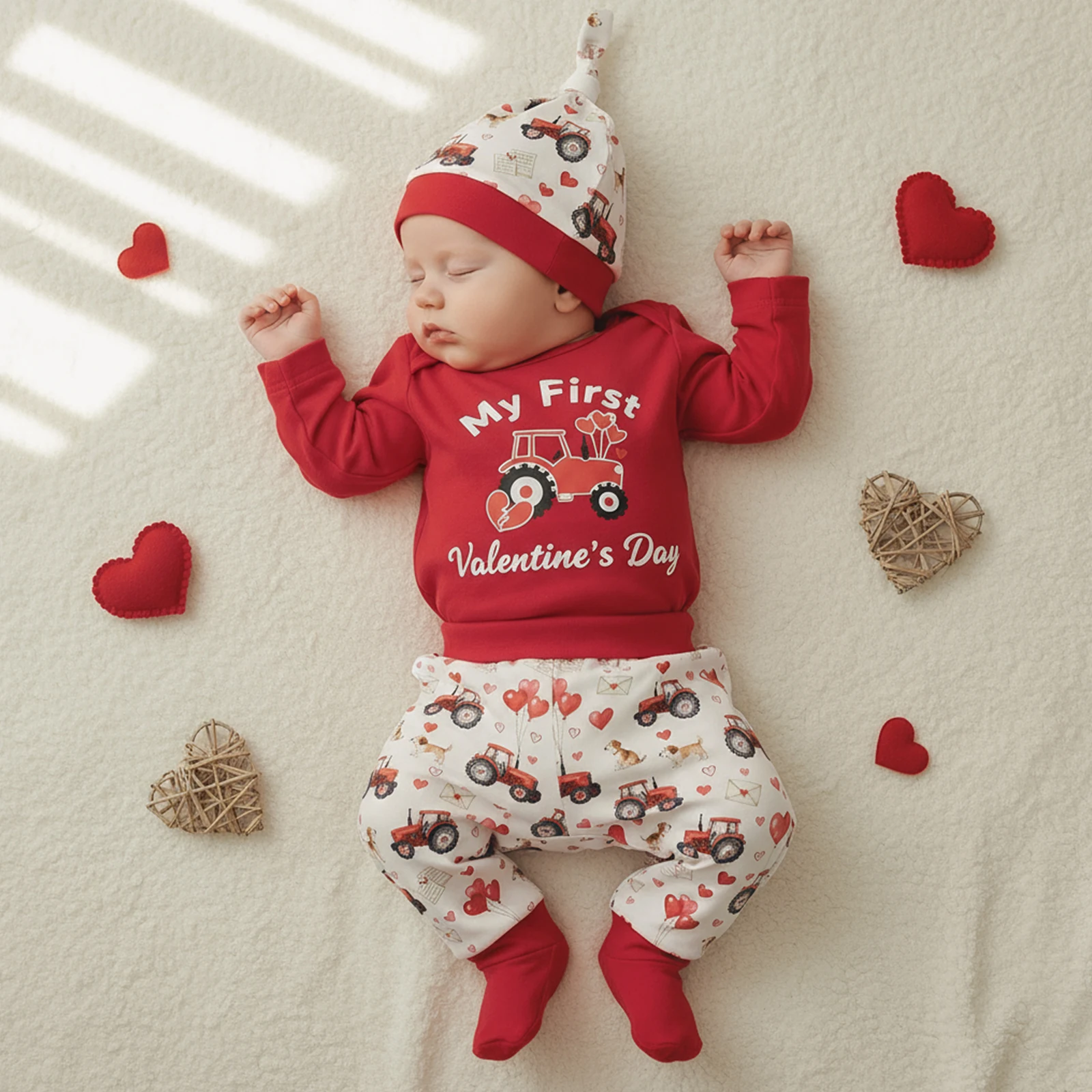 Baby Boy My First Valentines Day Outfit Tractor Heart Long Sleeve Romper Pants Knotted Hat 3 Piece Set
