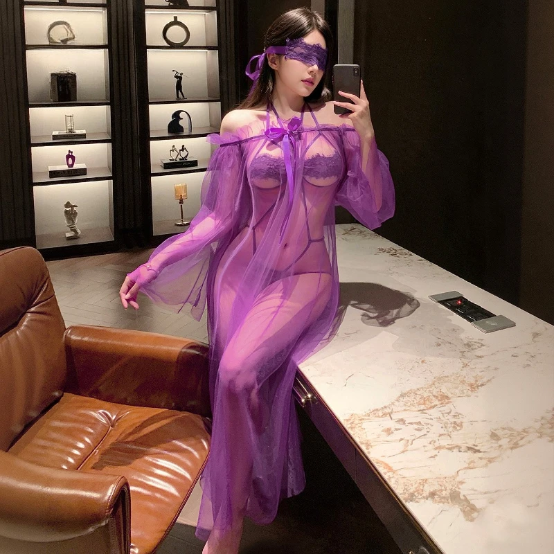 الأرجواني انظر من خلال ثوب النوم الجوف خارج مفتوحة المنشعب بذلة منظور فستان النوم مجموعة مثير Flirtatious ملابس خاصة بيجامة المنزل