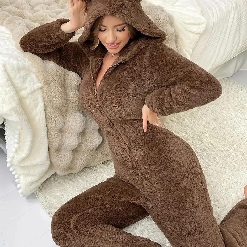 

Women's Fleece Lined Hooded Jumpsuit Fashionable All in One Suit Comfortable Spring Seasonal Wear Four Season Versatile Clothing