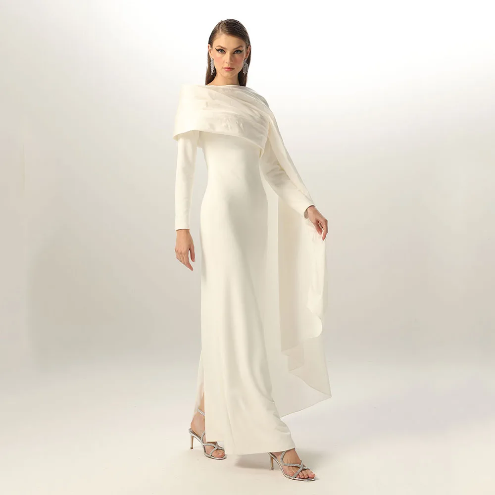 

Elegant Evening Dress Ivory O Neck Long Sleeves Column Evening Gowns for Women 2025 Ankle Length Pleated Cape Formal Party Dress