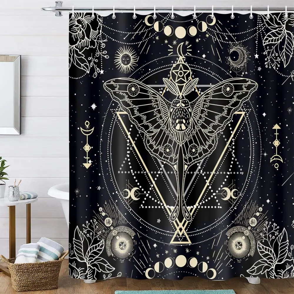 Gold Moth Moon Phase Shower Curtain Gothic Black Butterfly Moonlit Bath Curtain Psychedelic Tarot Bath Curtains Bathroom Sets