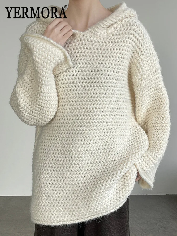 

YERMORA Beige Brief Casual Knitting Pullover For Women Hooded Long Sleeve Loose New Sweater Fashion Tide Autumn Winter 2025