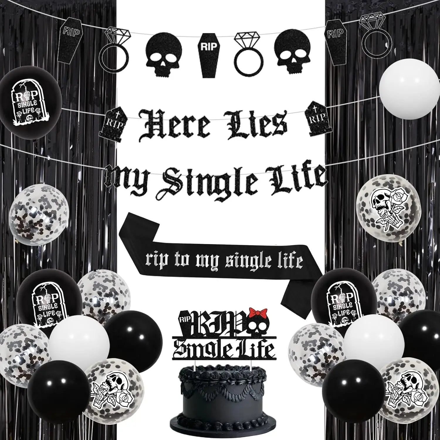 

JOYMEMO Gothic Bachelorette Party Decorations with Black Rip To My Single Life Cake Topper Sash Here Lies My Single Life Banner