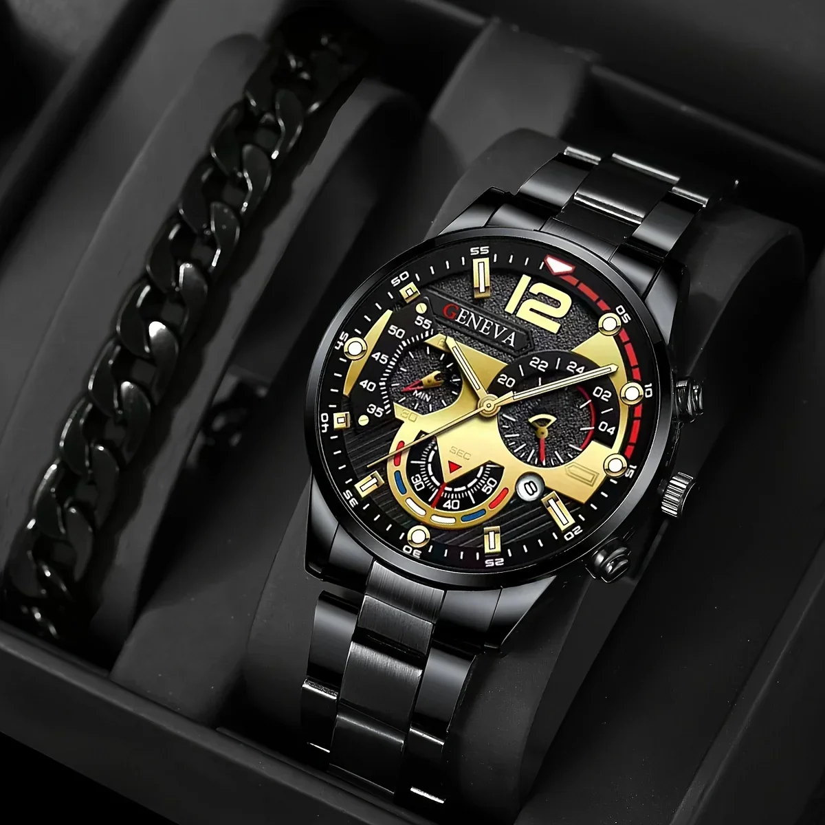 Fashion Men's Business Calendar Stainless Steel Quartz Wristwatch & Bracelet Set