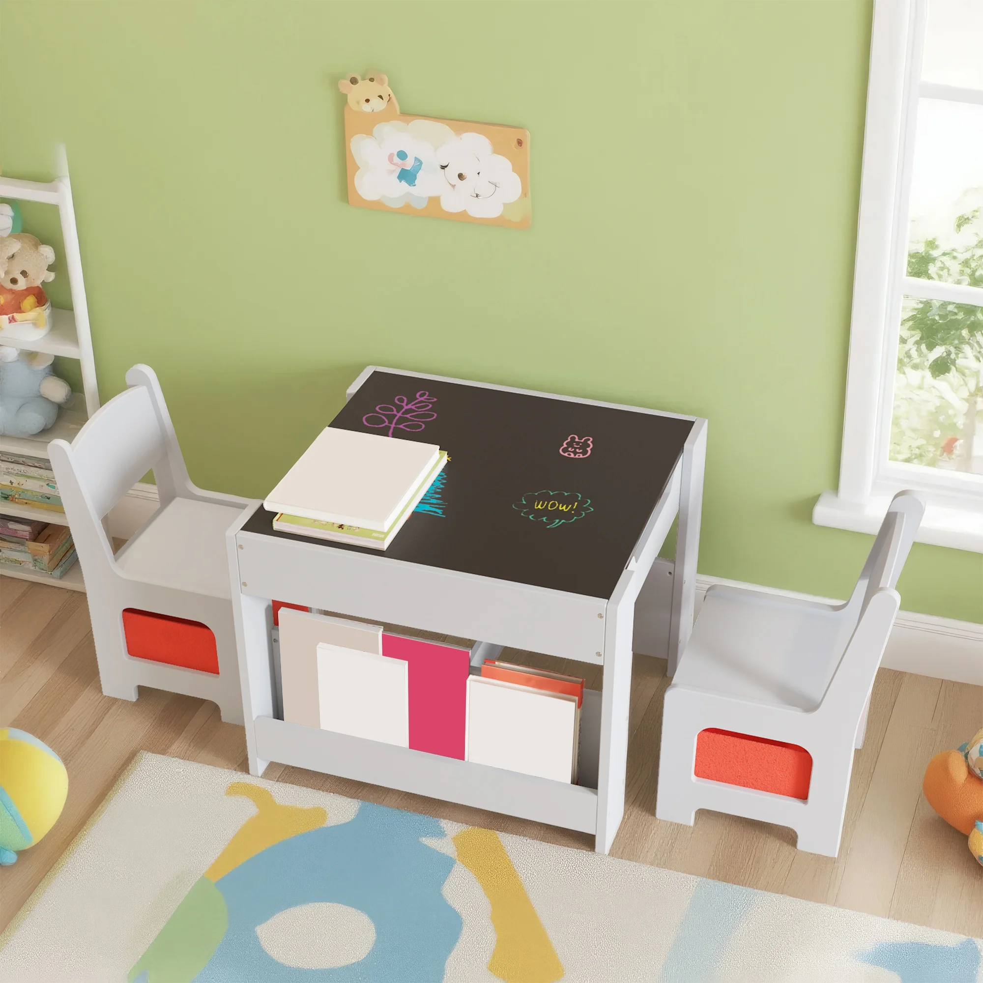 Kids Art Table and Chair Set, 3 In 1 Activity Table with 2 Chairs, Bookshelves, Drawers and Detachable Tabletop, Toddlers Craft Table Art Desk for Home Daycare Playroom