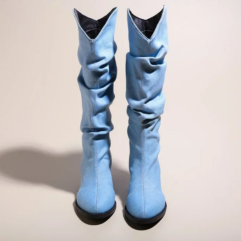 Denim Knee High Cowboy Boots for Women  Autumn Pleated Chunky Heels Long Boots Woman Pointed Toe Low Heel Botas Mujer 2024