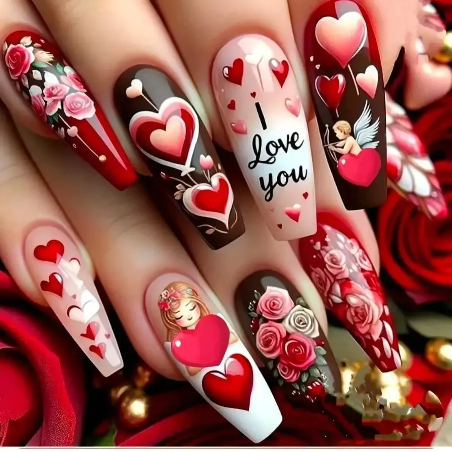 

24Pcs Valentine Heart Rose Press On Nails Romantic Fake Nails for Women Daily Party