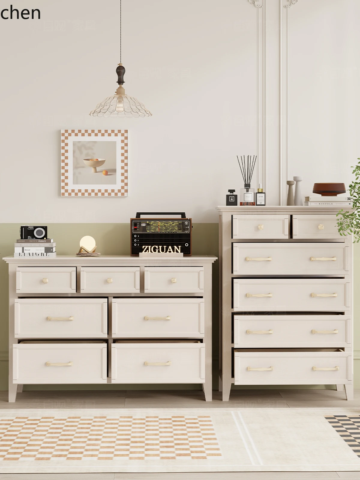 HXL Solid Wood Seven-Drawer Cabinet Bedroom Wall-Mounted Cabinet Cream Style Clothes Storage Drawer Cabinet