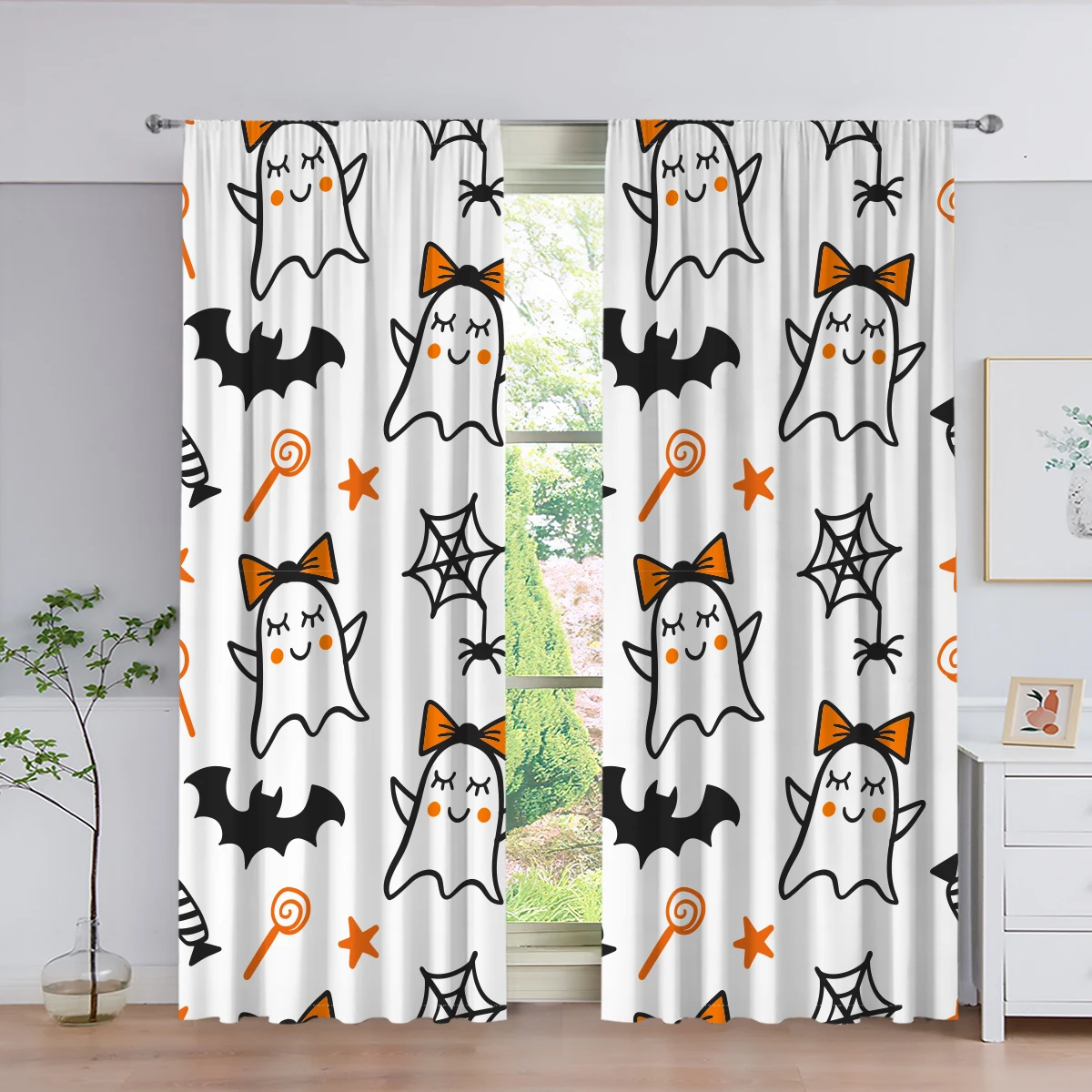 

Happy Halloween Cartoon Ghost Pumpkin Witch Window Curtain for Kids Living Room Bedroom Bathroom Kicthen Door Cupboard Hooks