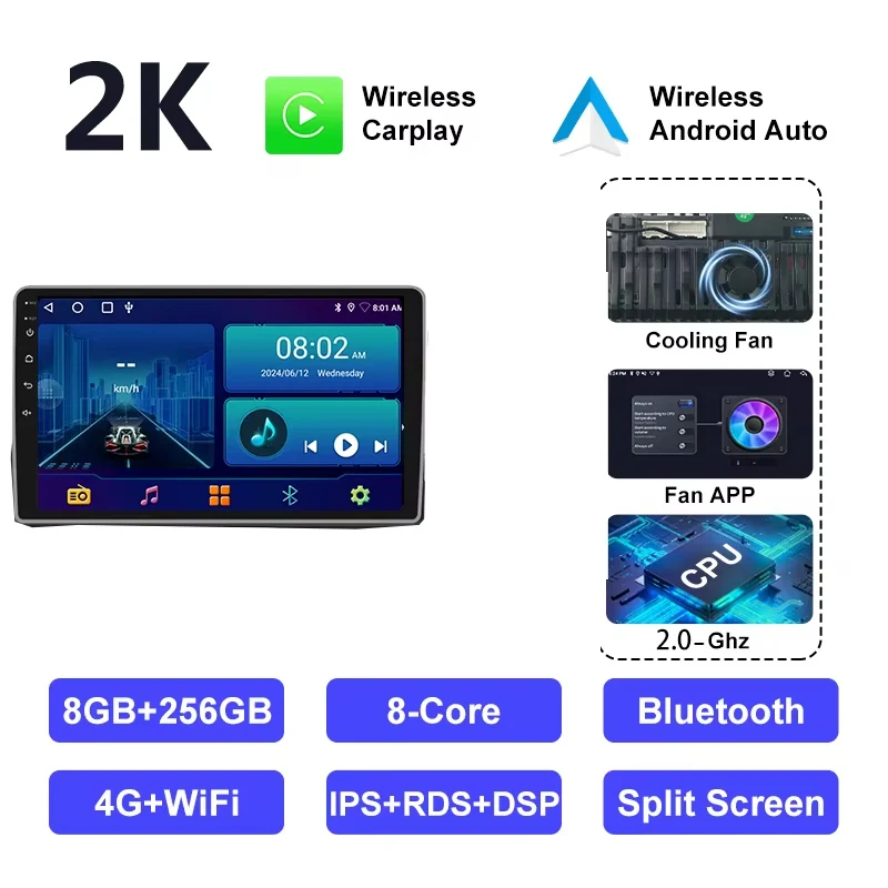 8GB RAM +256 GB Androidradio 9 inche Car play 2K  2000*1200   ROM Androidauto 5G GPS Navigation Multimedia Player