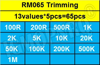 65PCS/Set 13Values*5pcs Trimming Potentiometer kit RM065 Top Adjustment 100R-1M RM065 WH06-2 Variable Resistors Assorted Kit