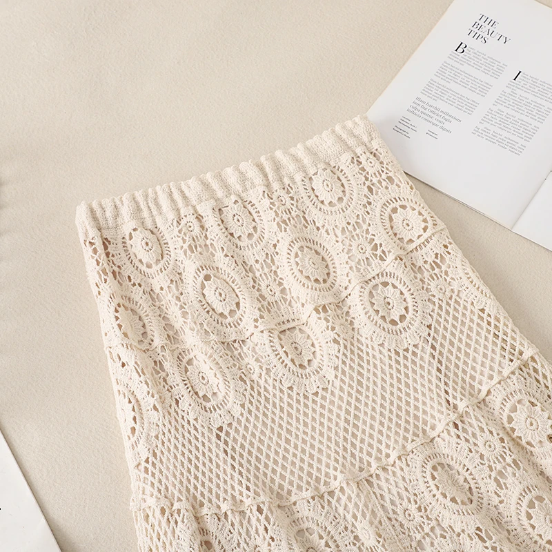 Spring Autumn Forest System Mid-Length A-Line Skirt Lace Oversized Waist Design High Waist Women's Fashion Casual Knitted Cot...