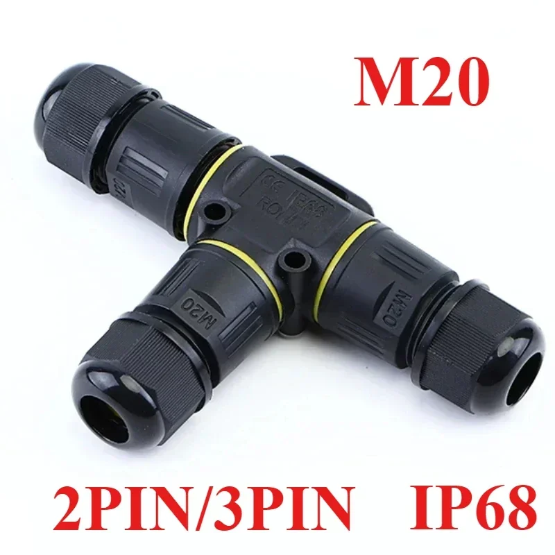 IP68 M20 T Type 3 Way Waterproof Cable Connector 2/3Pin Lever Wiring Terminal for Electrical Junction Box Outdoor Wire Connector