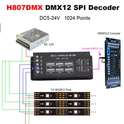 H807DMX DMX512 Controller DMX SPI Decode 1024 pixels RGB Controller 14 Channels DMX Controller For WS2812 WS2813 DMX Stage Light