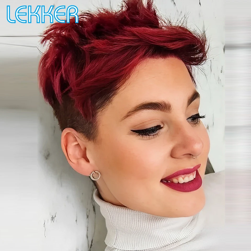 Lekker Colored Burg Red Short Straight Pixie Cut Part Lace Front Human Hair Wigs For Women Brazilian Remy Ombre Pre Plucked Wigs