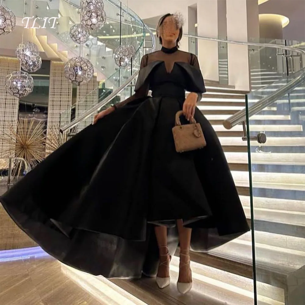 TLIT Simple Black HI-LO Evening Dress Customized فستان مثير O-Neck Regular Short Sleeves Prom Gowns Sweetheart Gown