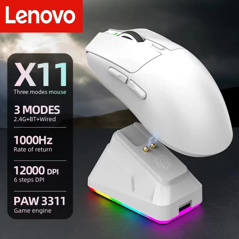 

﻿ Lenovo X11 Wireless Mouse Bluetooth/2.4G/wired Tri-Mode game Mouse PAW3311 RGB Magnetic charging dock Gaming Mouse charging