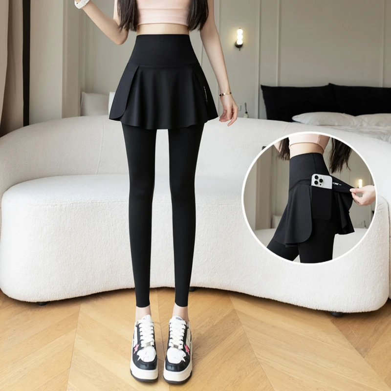 Women Fake Two Pieces Leggings Seamless Fitness Leggings High Waist with Pocket Elastic Slim Fashion Hip Liftting Yoga Pants