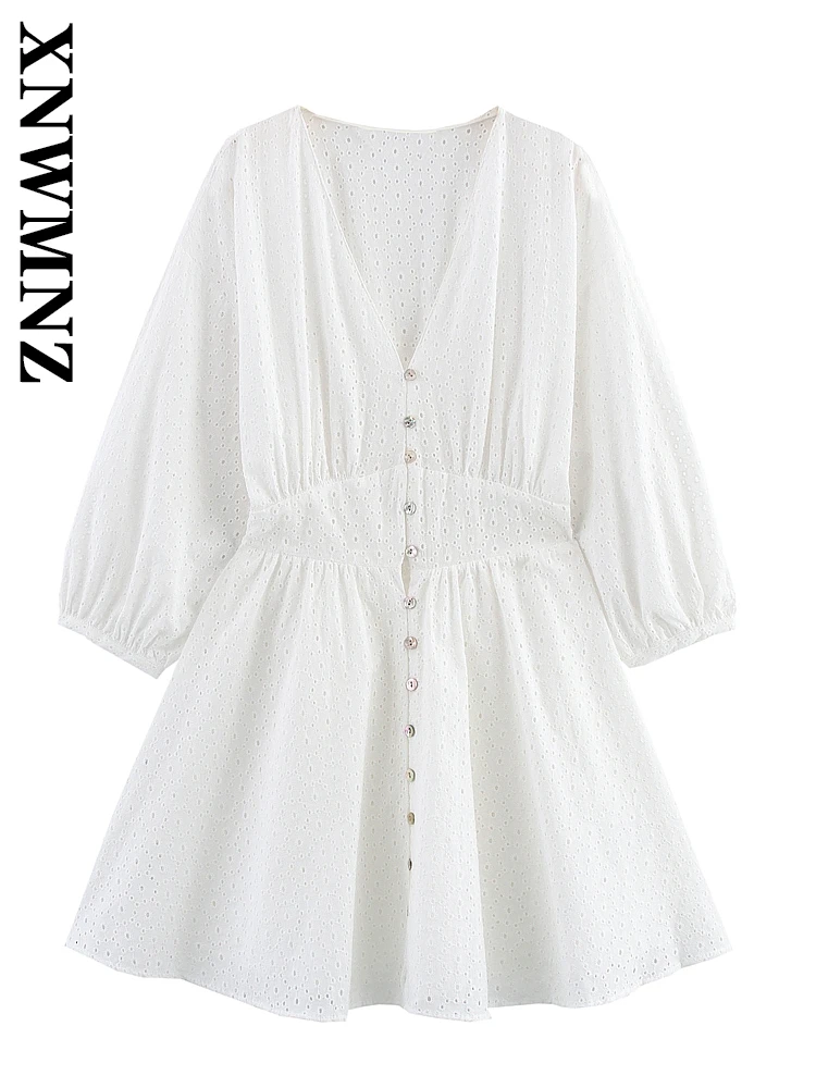 

XNWMNZ 2025 Summer Female Commuting Dress Mini Skirt Edgy Lady V-Collar Long Sleeve Dresses Ruffles Regular Fit Top Hollow Out