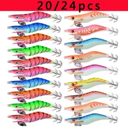 20/24pcs Fishing Wood Shrimp Luminous Squid Octopus Lures Set 2.5#12g 3.0#15g Fishing Lure Hard Bait Wobbler Squid Jig Lures Kit