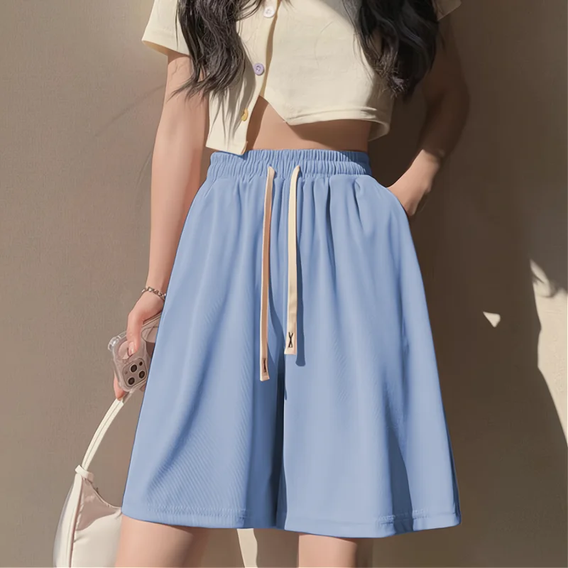 Women Summer Simplicity Loose Fashion Solid Color Ice Shreds High Waist Wide Leg Women Clothes Casual All-match Quarter Shorts