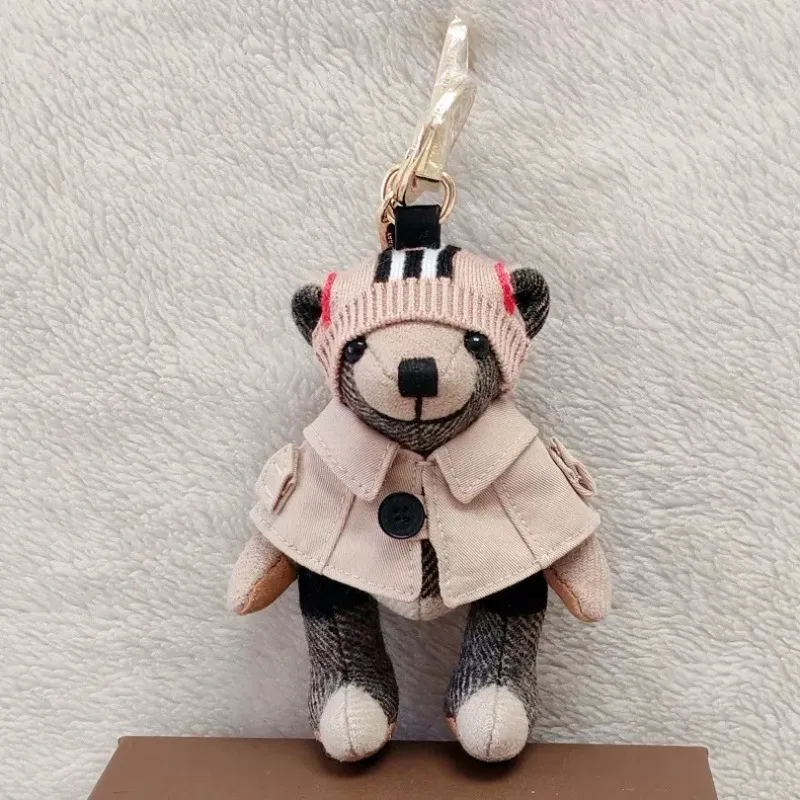 Wool Teddy Bear Plaid Trench Coat Cloth Cape Cute Plush Doll Car Keychain Women's Bag Pendant Charm Gift