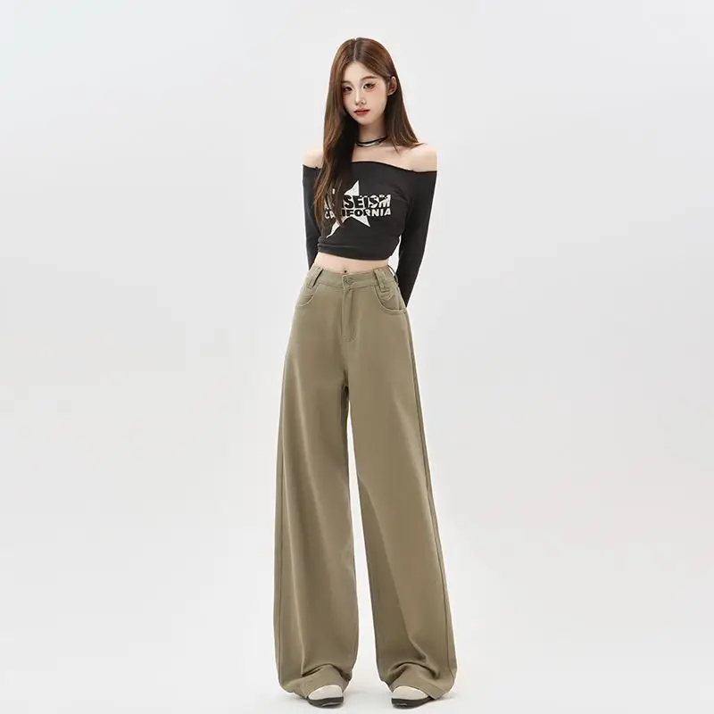 

Женские джинсы цвета хаки в стиле Харадзюку, классические корейские свободные плавающие брюки с высокой талией Y2k, универсальные широкие прямые брюки