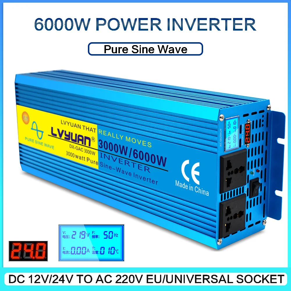 12V/24V Pure Sine Wave Power Inverter 6000W 220V Car Power Adapter Transformer Converter EU/US/Universal Socket Inverter