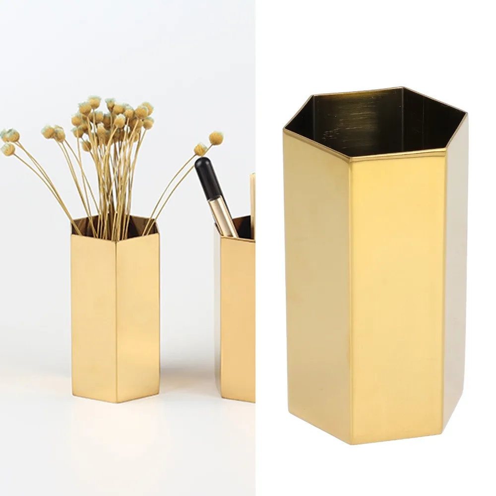 Glossy Pen Holder Box Gold Electroplating Corrosion Resistant Pencil Holder Stainless Steel Wide Application Flower Vase Home