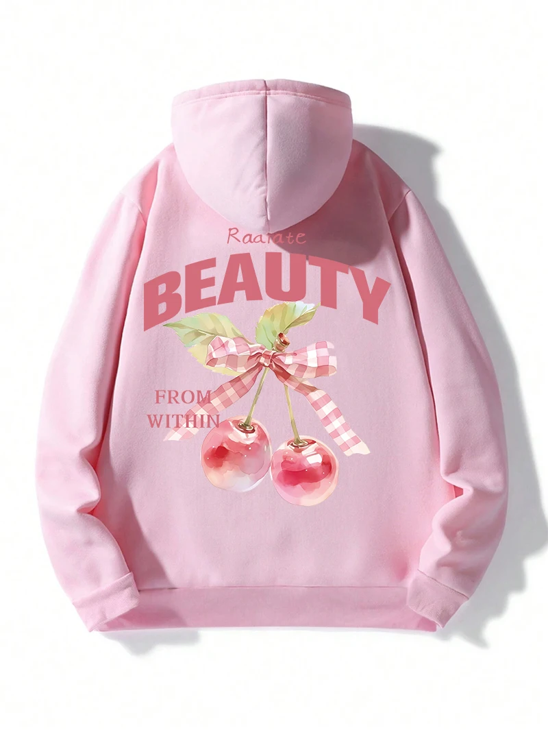 

Pink Cherries Hoodies Womens Radiate Beauty Bow Printing Streetwear Fleece Warm Pocket Loose Pullovers Winter Womans Clothes
