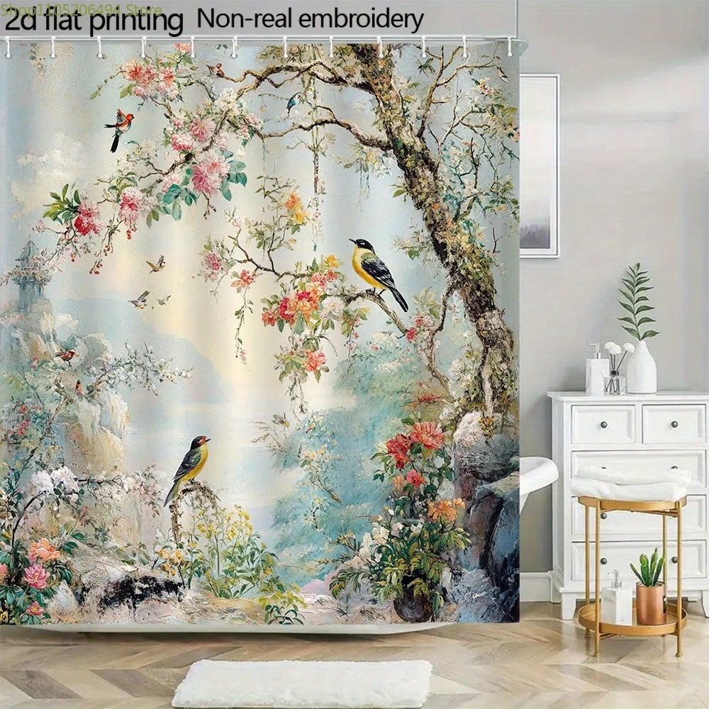 1pc Chinese Style Oriental Floral Paradise with Birds Shower Curtain - 70.8x70.8 Inch High Quality Polyester Bathroom Curtain,